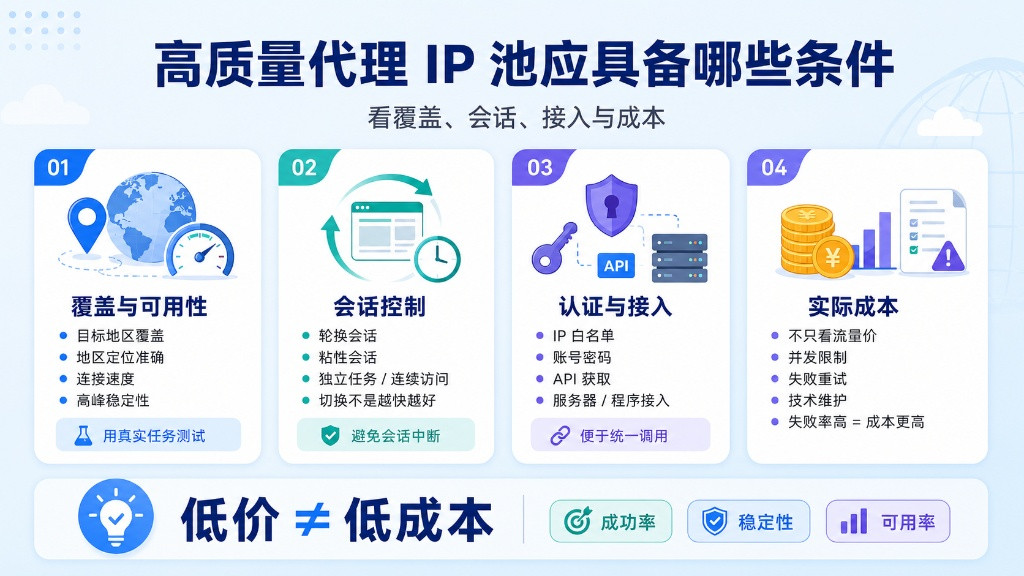 高质量代理 IP 池需具备精准的地区覆盖与高可用性，灵活的轮换及粘性会话控制，以及便捷的 API 或白名单接入方式。企业选型时应明白低价不等于低成本，需综合考量成功率、稳定性与失败重试带来的隐形成本。