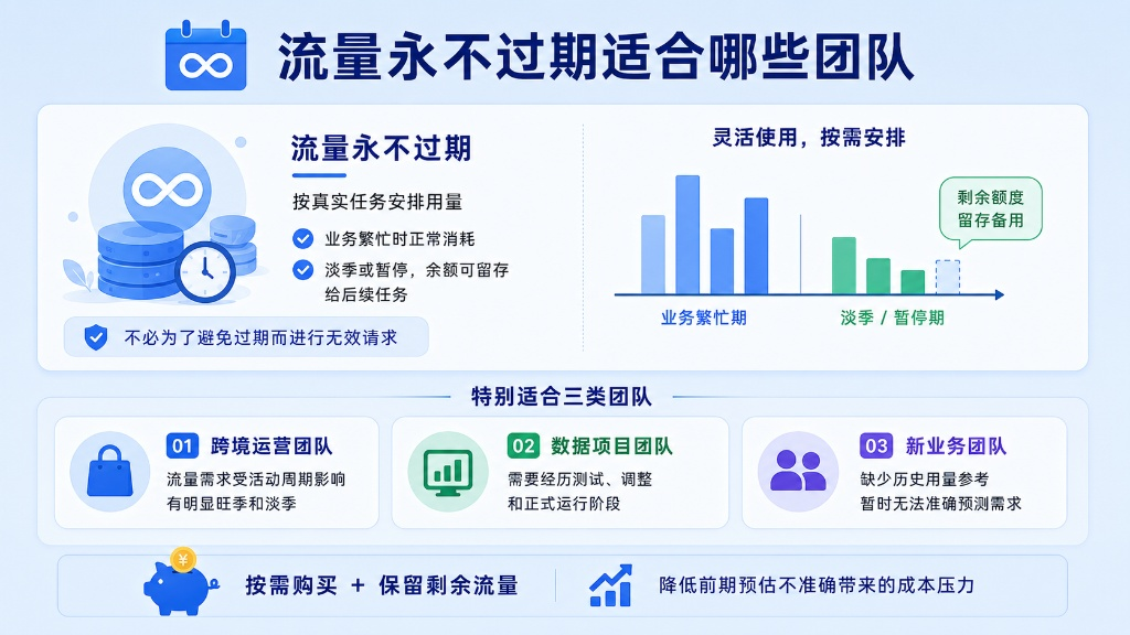 “流量永不过期”支持按需使用与余额留存,避免无效请求消耗。该模式特别适合淡旺季明显的跨境运营、需测试调整的数据项目以及无法精准预测用量的初创团队,可有效控制前期采购与估算成本。
