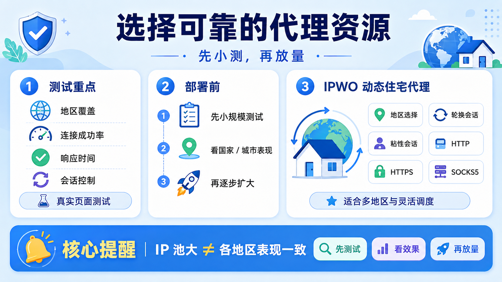 选择可靠代理资源时,应先小规模测试地区覆盖、连接成功率、响应时间和会话控制,再逐步扩大部署。IPWO动态住宅代理支持地区选择、轮换会话、粘性会话及HTTP、HTTPS、SOCKS5协议,适合多地区业务与灵活调度。