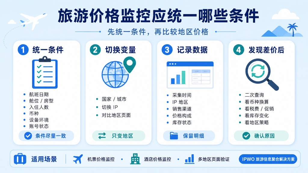 进行机票与酒店价格监控时,应先统一日期、舱位房型与设备等基础条件,仅通过切换 IP 改变地区变量。数据采集需完整记录时间与价格构成,发现差价后结合币种换算与税费政策二次二次确认,确保跨地区验证的准确性。